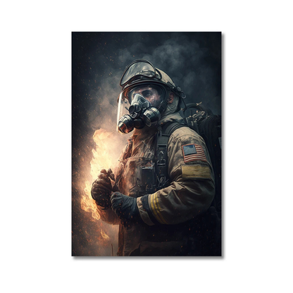 A vertical wall art print showing a firefighter in full protective gear with a gas mask and helmet, standing in front of flames and smoke. The print is displayed against a clean white background with a subtle drop shadow.