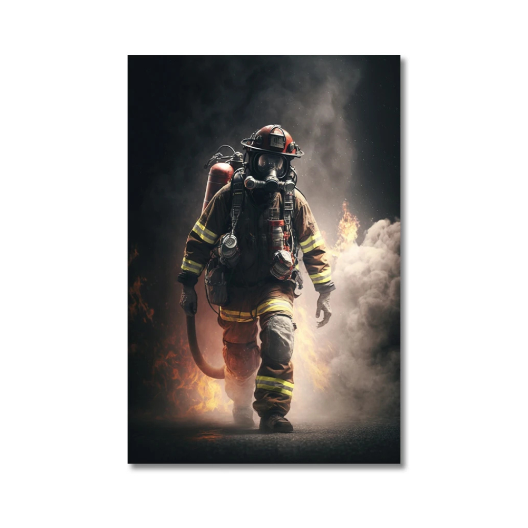 A vertical wall art print depicting a firefighter in full protective gear walking forward through smoke with flames visible at the base, shown against a plain white background.