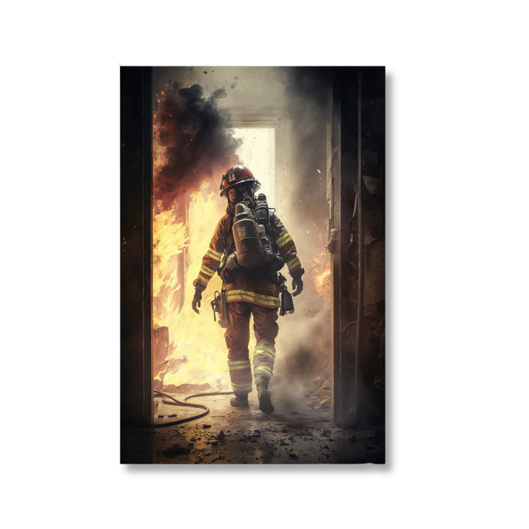 A vertical rectangular wall art print or poster showing a firefighter in turnout gear walking through a burning building doorway, with flames, smoke, and debris visible. The print is photographed against a plain white background with a slight drop shadow.