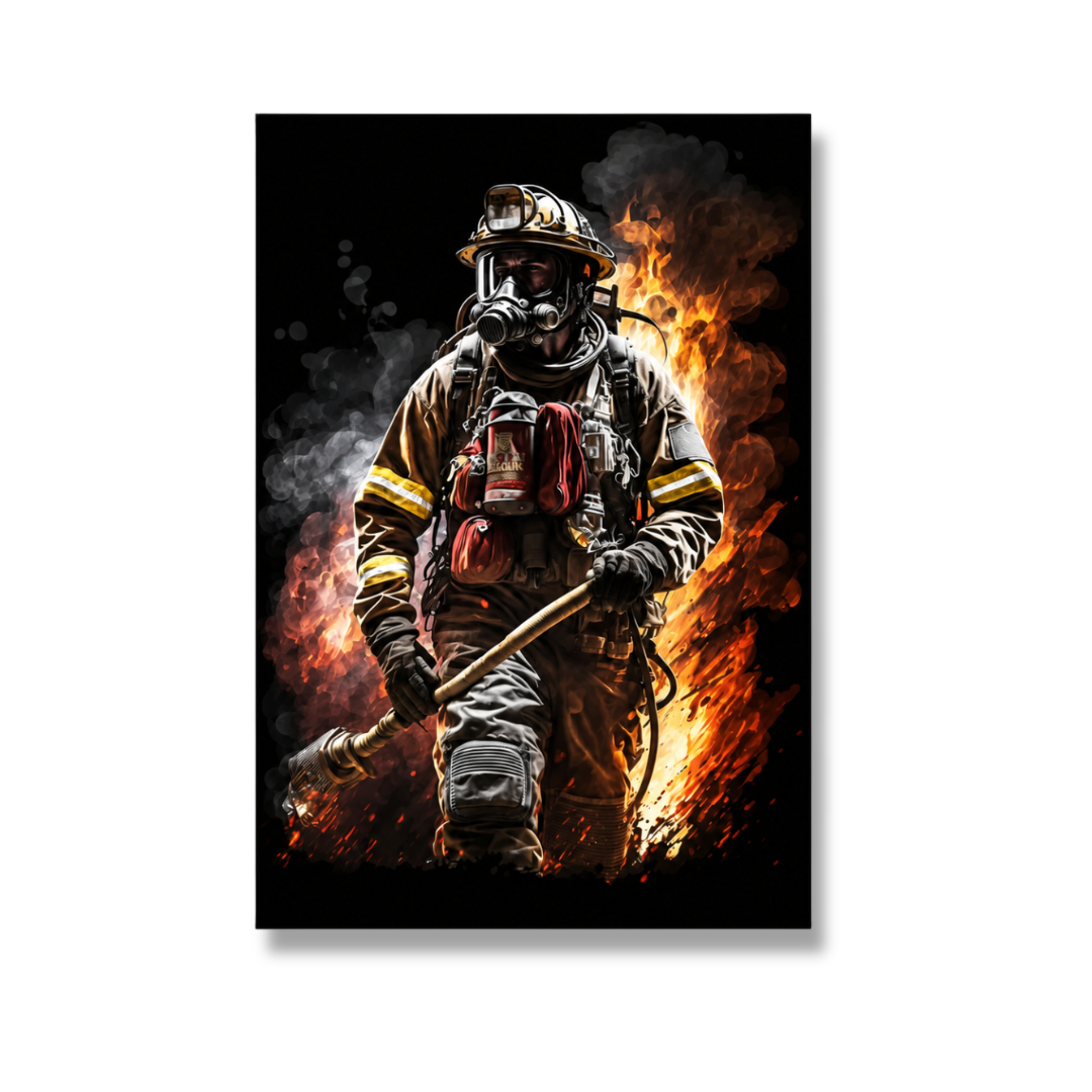 A vertical rectangular wall art print showing a firefighter in full turnout gear standing in front of intense flames and smoke on a black background. The print is photographed against a light gray wall with a soft drop shadow.