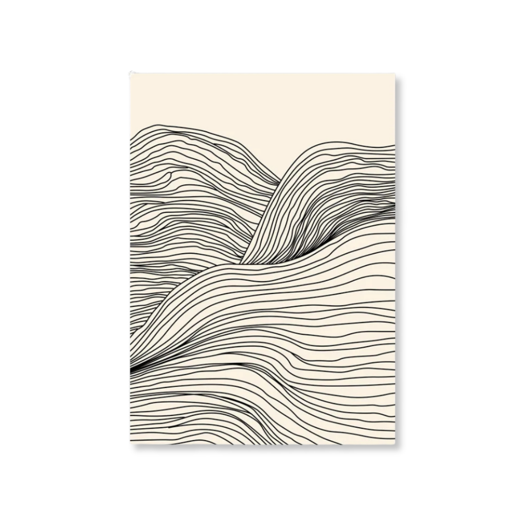 A vertical art print featuring an abstract landscape of rolling hills and waves drawn with fine black contour lines on a warm cream background, shown against a clean white backdrop.