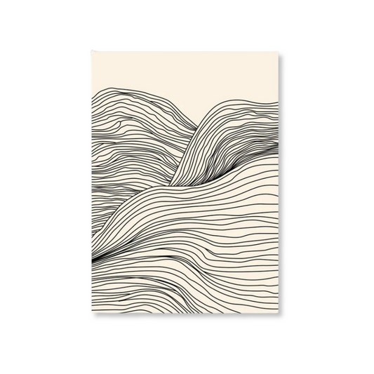 A vertical art print featuring an abstract landscape of rolling hills and waves drawn with fine black contour lines on a warm cream background, shown against a clean white backdrop.