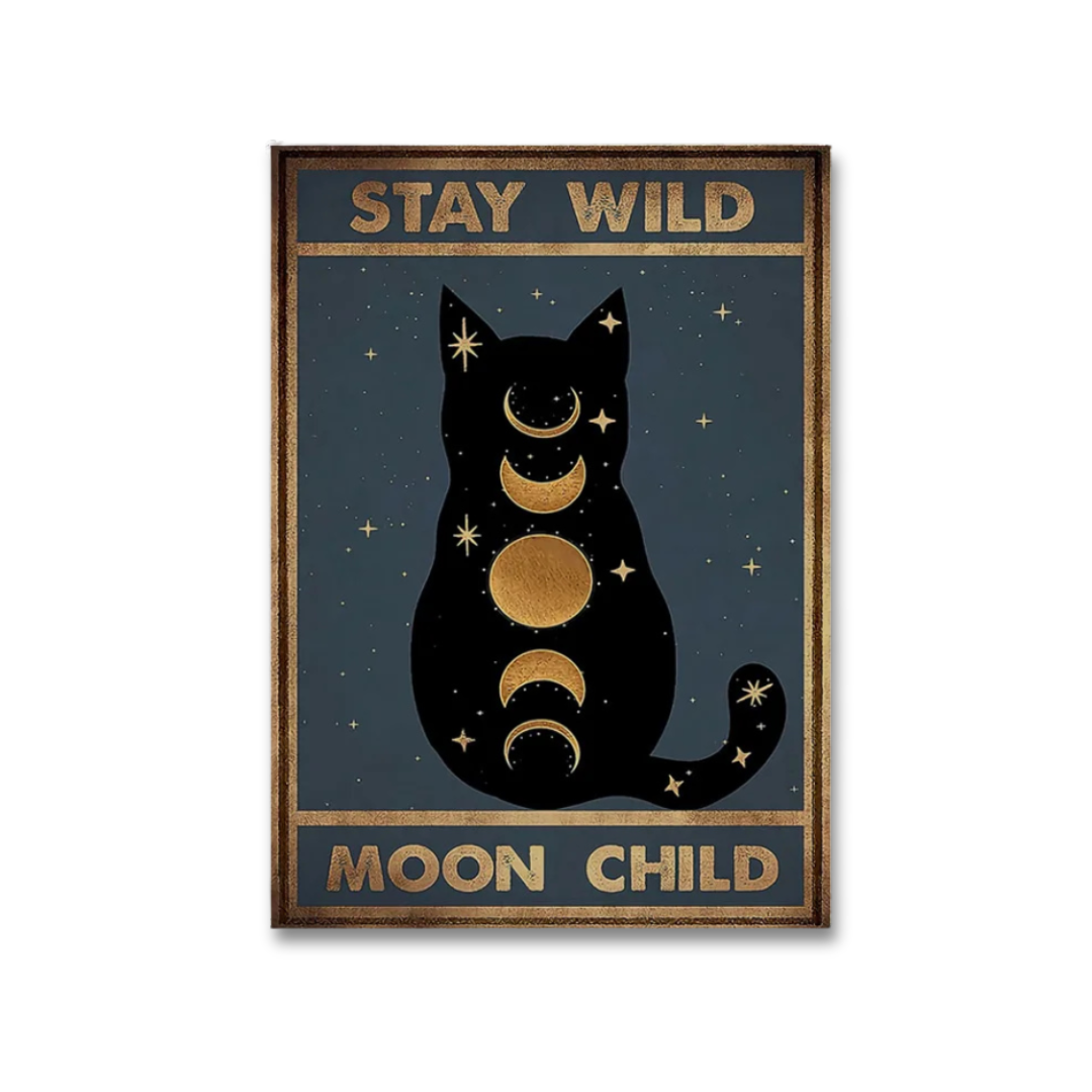 A vertical rectangular art print or poster featuring a black cat silhouette filled with moon phases and stars on a dark blue background, with the words 'STAY WILD' at the top and 'MOON CHILD' at the bottom in gold-toned lettering.