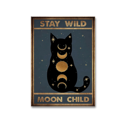 A vertical rectangular art print or poster featuring a black cat silhouette filled with moon phases and stars on a dark blue background, with the words 'STAY WILD' at the top and 'MOON CHILD' at the bottom in gold-toned lettering.