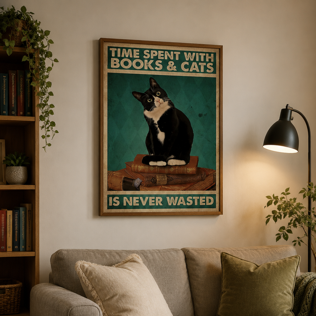 Books & Cats Are Never Wasted Vintage Canvas Print