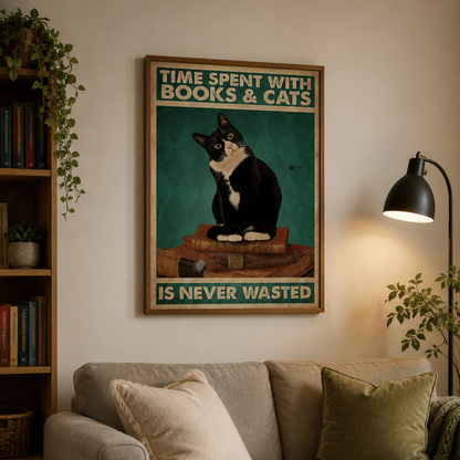 Books & Cats Are Never Wasted Vintage Canvas Print