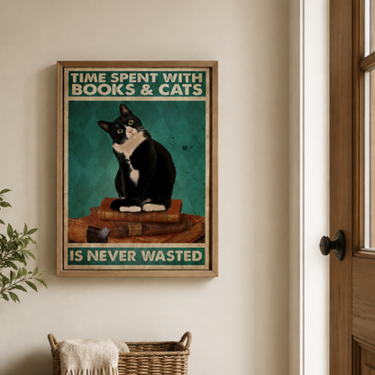 Books & Cats Are Never Wasted Vintage Canvas Print