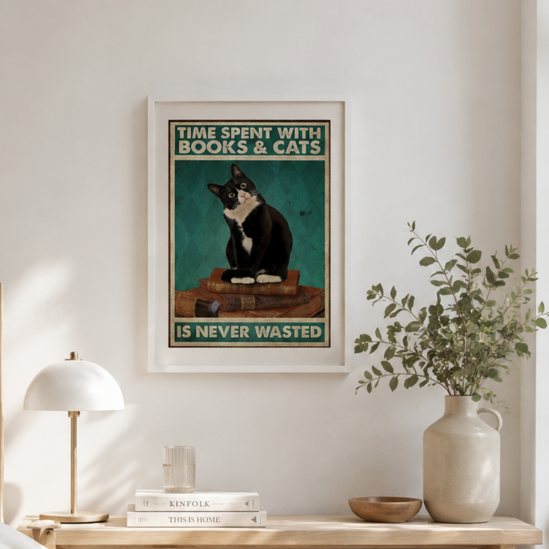 Books & Cats Are Never Wasted Vintage Canvas Print