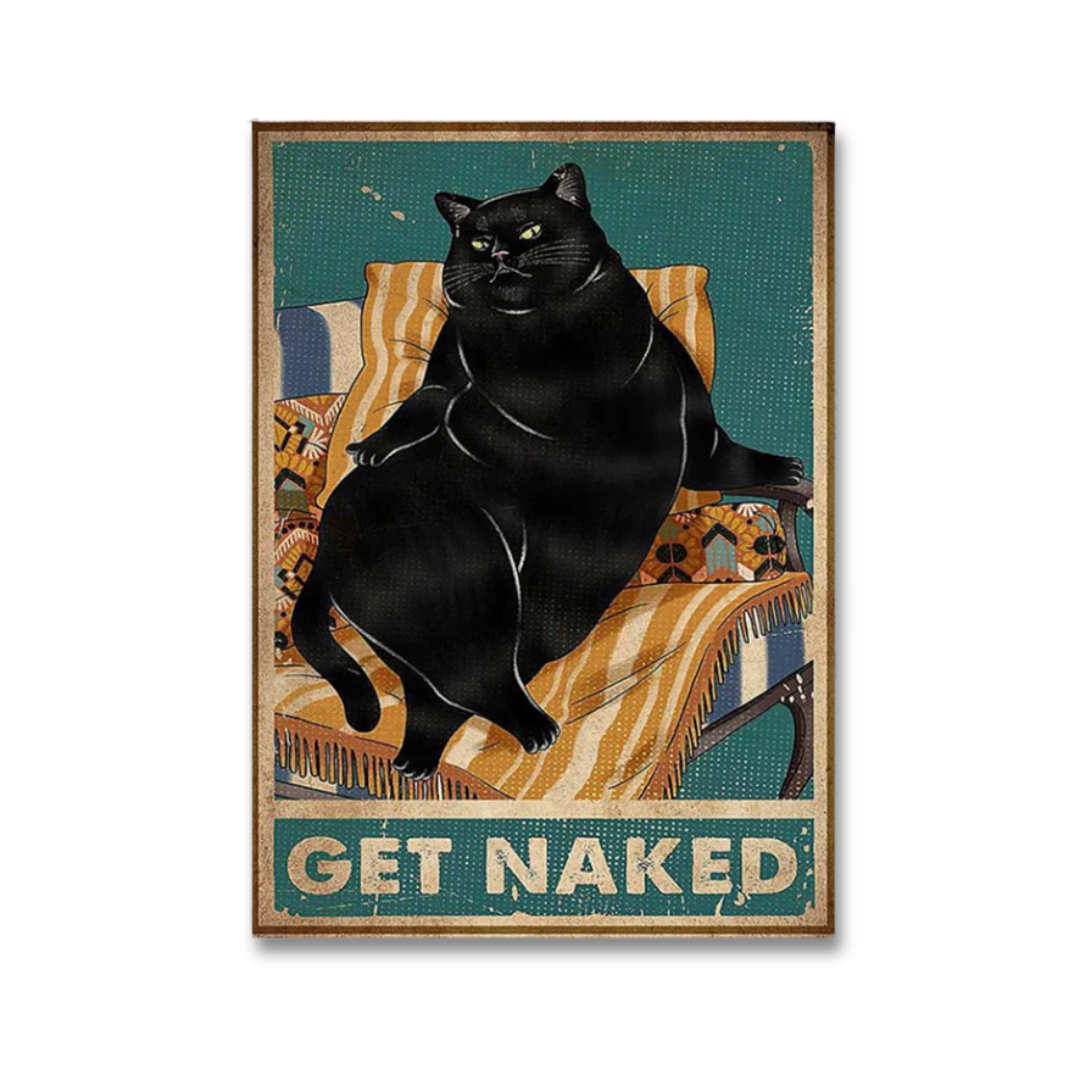 A vintage-style poster featuring a black cat sitting on a striped lounge chair with the text 'GET NAKED' at the bottom, shown against a plain white background.