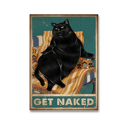 A vintage-style poster featuring a black cat sitting on a striped lounge chair with the text 'GET NAKED' at the bottom, shown against a plain white background.