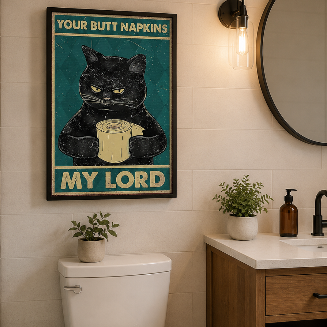 A framed humorous wall art print featuring a grumpy black cat holding a roll of toilet paper, with the text 'YOUR BUTT NAPKINS MY LORD' on a teal background, displayed in a bathroom above a toilet and next to a vanity.