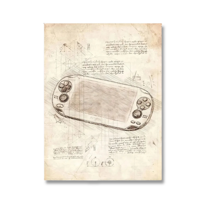 A framed or canvas-style wall art print featuring a vintage-style sketch of a handheld game console on an aged parchment background with handwritten notes and technical line drawings.