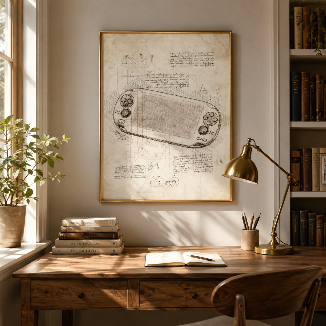 A framed vintage-style art print featuring a sketch of a handheld gaming console on aged paper, hanging on a wall above a wooden desk in a warm, sunlit room with a bookshelf, lamp, and plant.