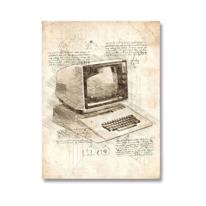 A vintage-style art print featuring a sketch of an early desktop computer on aged beige paper with handwritten notes and geometric drawings.