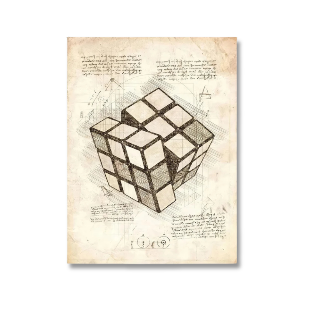 A vintage-style art print featuring a detailed sketch of a Rubik's cube on aged, parchment-like paper with handwritten notes and geometric diagrams.