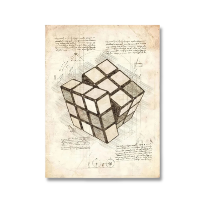 A vintage-style art print featuring a detailed sketch of a Rubik's cube on aged, parchment-like paper with handwritten notes and geometric diagrams.