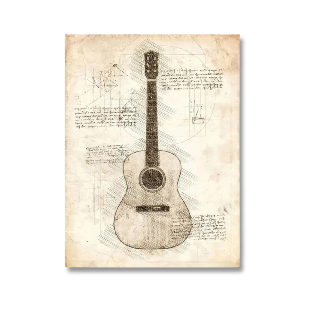 Vintage-style acoustic guitar art print featuring a detailed sketch of an acoustic guitar on aged beige parchment with handwritten notes and geometric drawings.