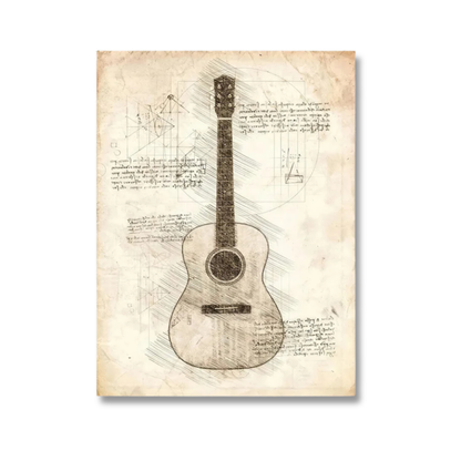 Vintage-style acoustic guitar art print featuring a detailed sketch of an acoustic guitar on aged beige parchment with handwritten notes and geometric drawings.