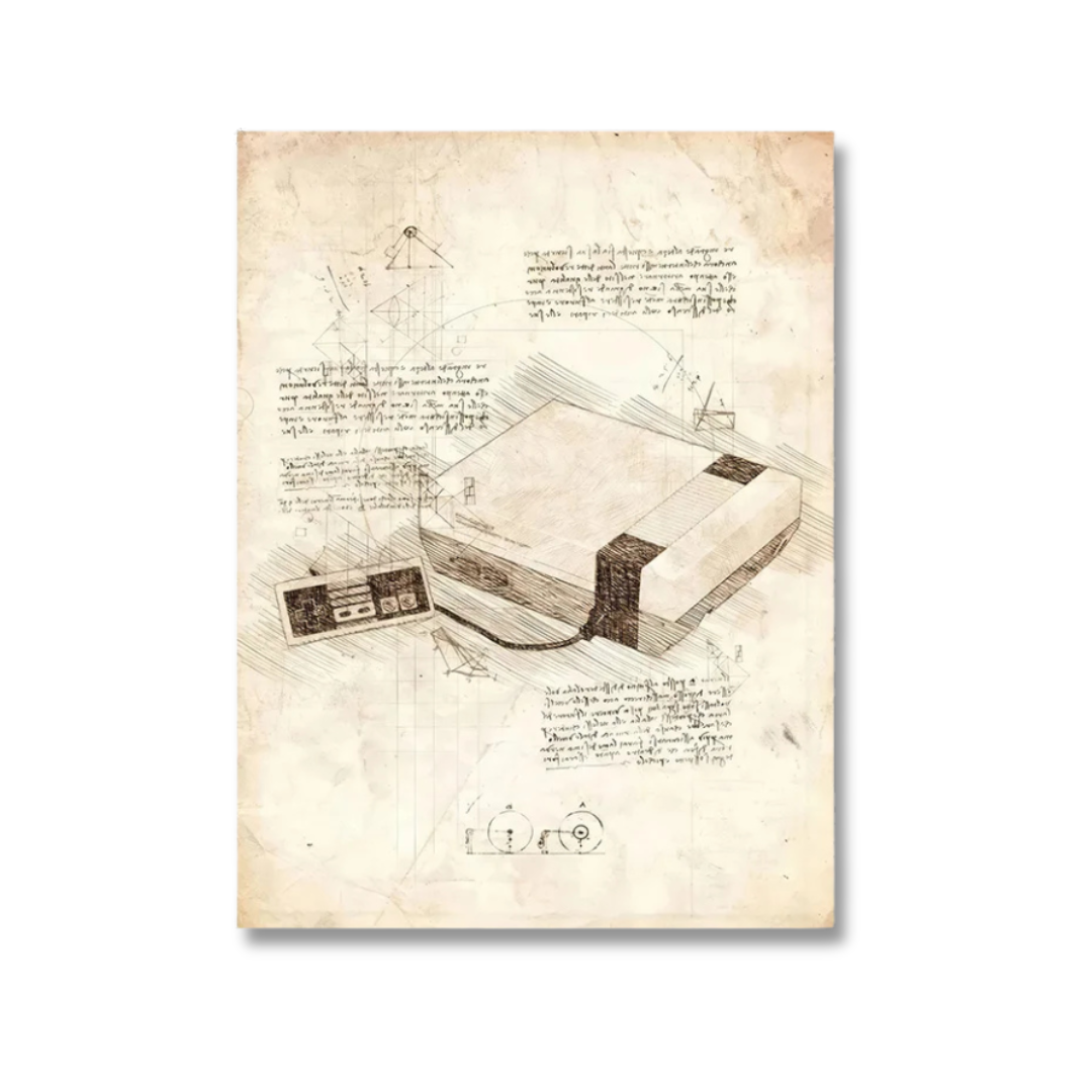 Vintage-style art print featuring a sketch of an NES console and controller on aged parchment paper with handwritten notes and geometric drawings.
