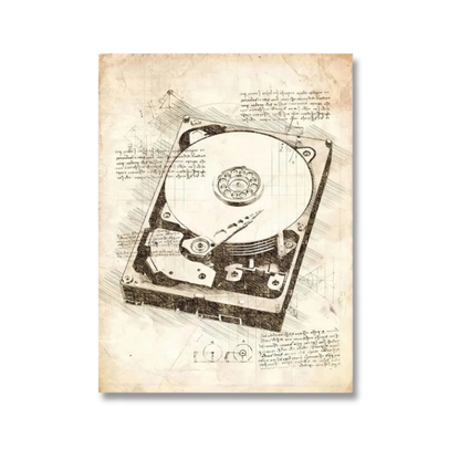 A vintage-style art print featuring a detailed sketch of a hard drive design, styled like Leonardo da Vinci's notebooks with cursive handwriting on aged, sepia-toned paper.