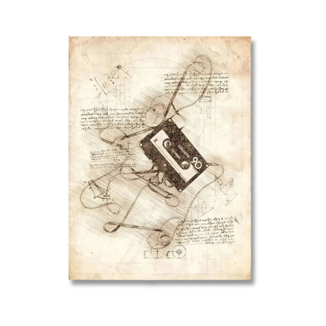 A vintage-style art print featuring a sketch of a cassette tape on aged, sepia-toned paper with handwritten notes and technical drawing elements.