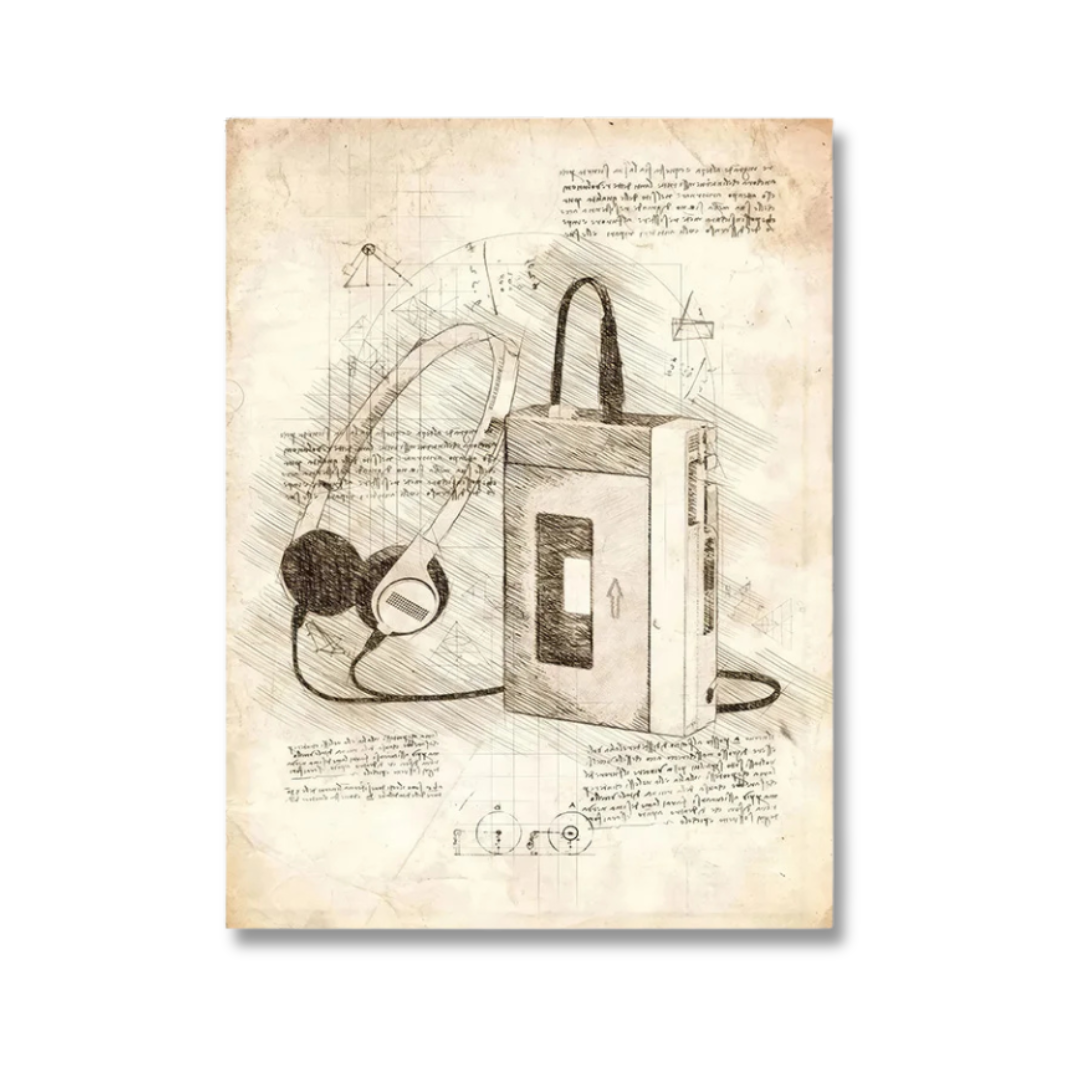 A vintage-style art print featuring a sketch of a cassette tape player and headphones on aged, parchment-like paper with handwritten notes.