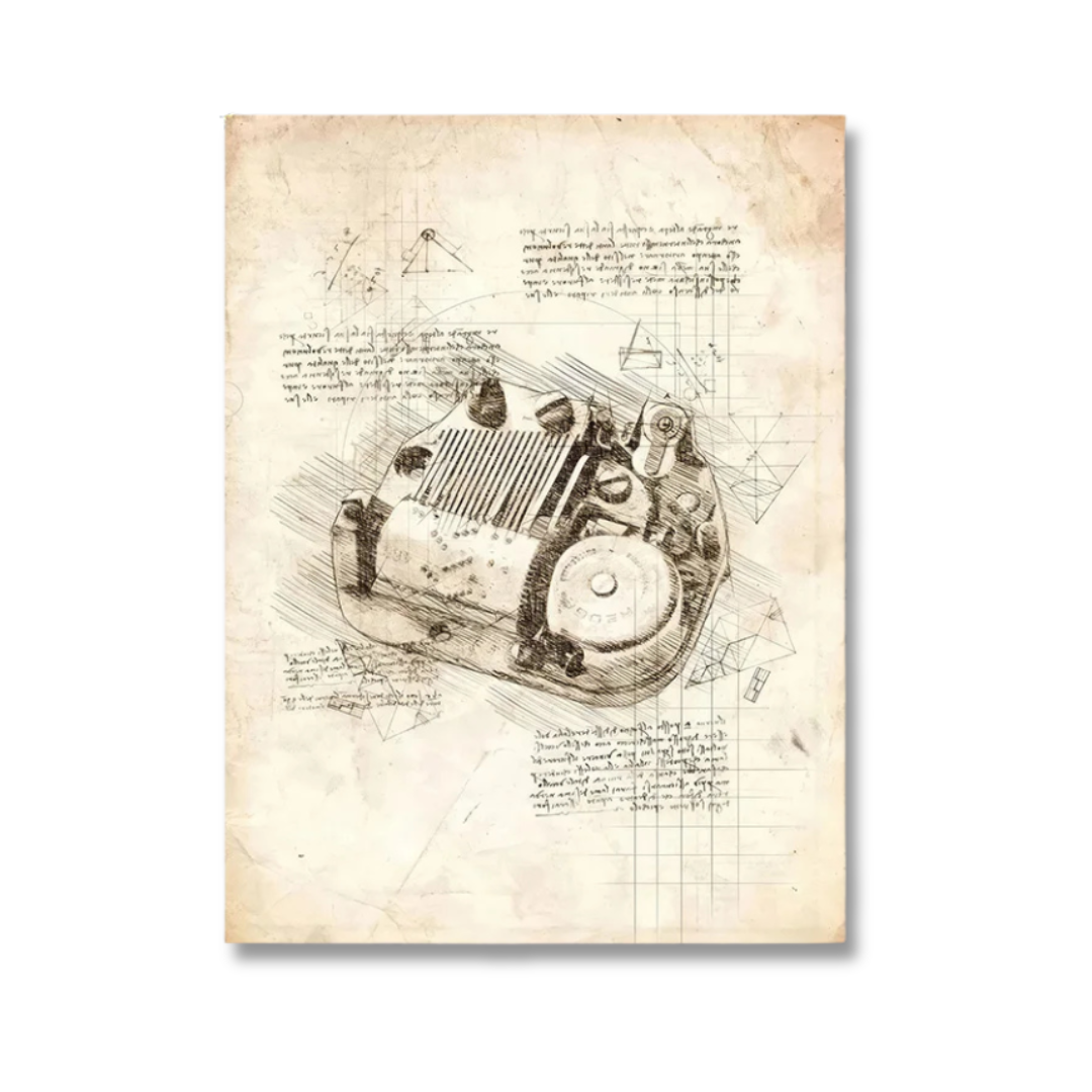 Vintage-style art print featuring a detailed sketch of a music box mechanism on aged beige parchment paper with handwritten notes and geometric drawings.