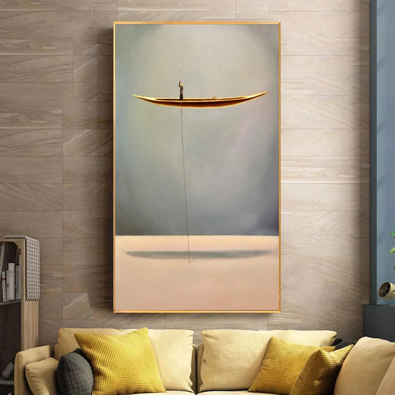 fantasy scene with lonely thinker and golden boat canvas wall art