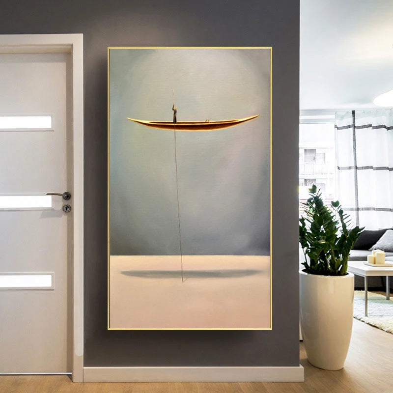 fantasy scene with lonely thinker and golden boat canvas wall art