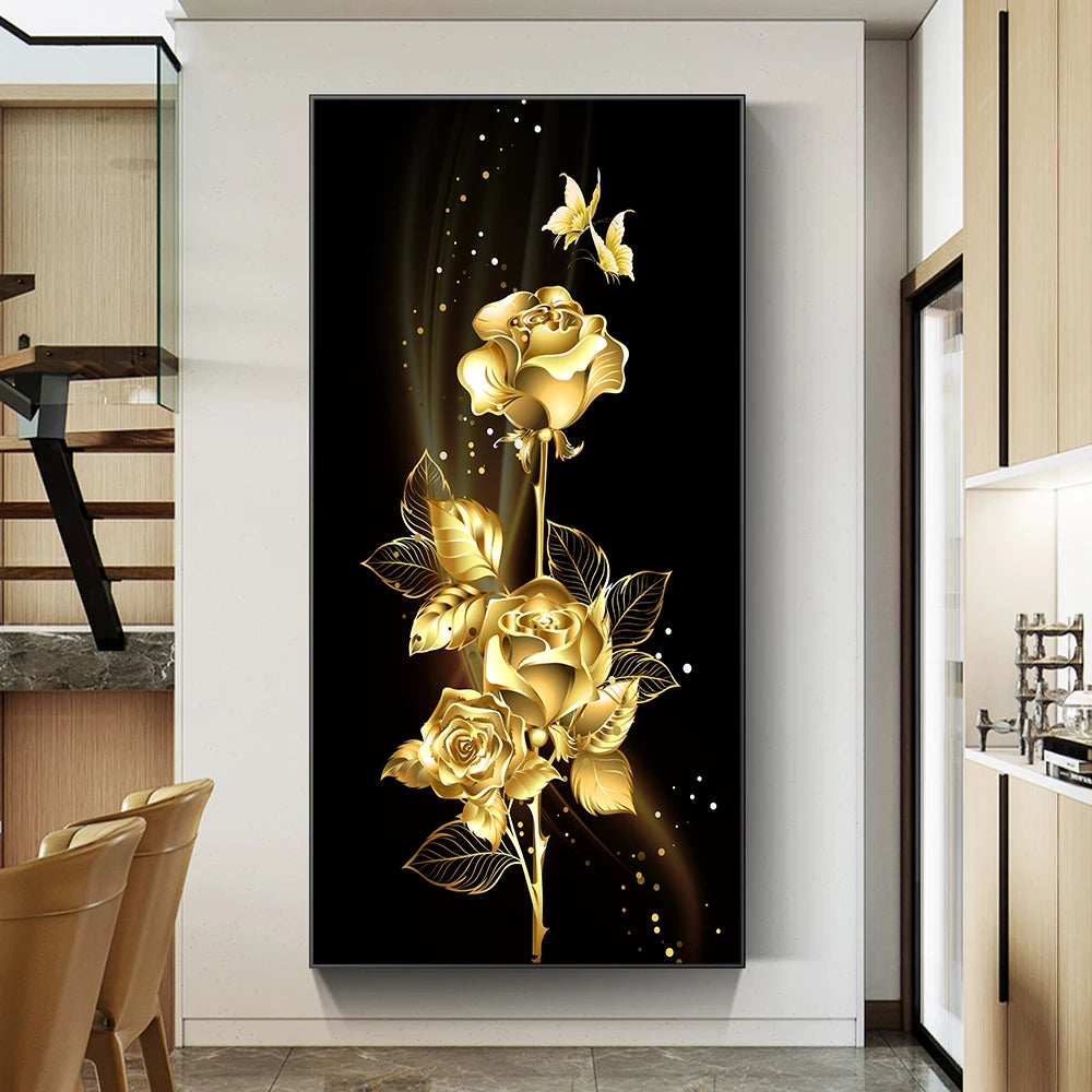 abstract flowering tree with golden leaves oil canvas wall art