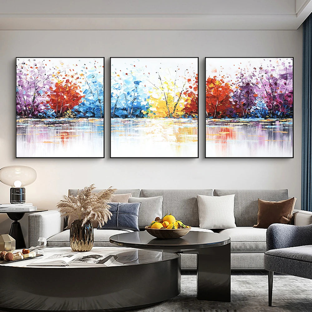 colorful abstract landscape three panel unframed canvas set