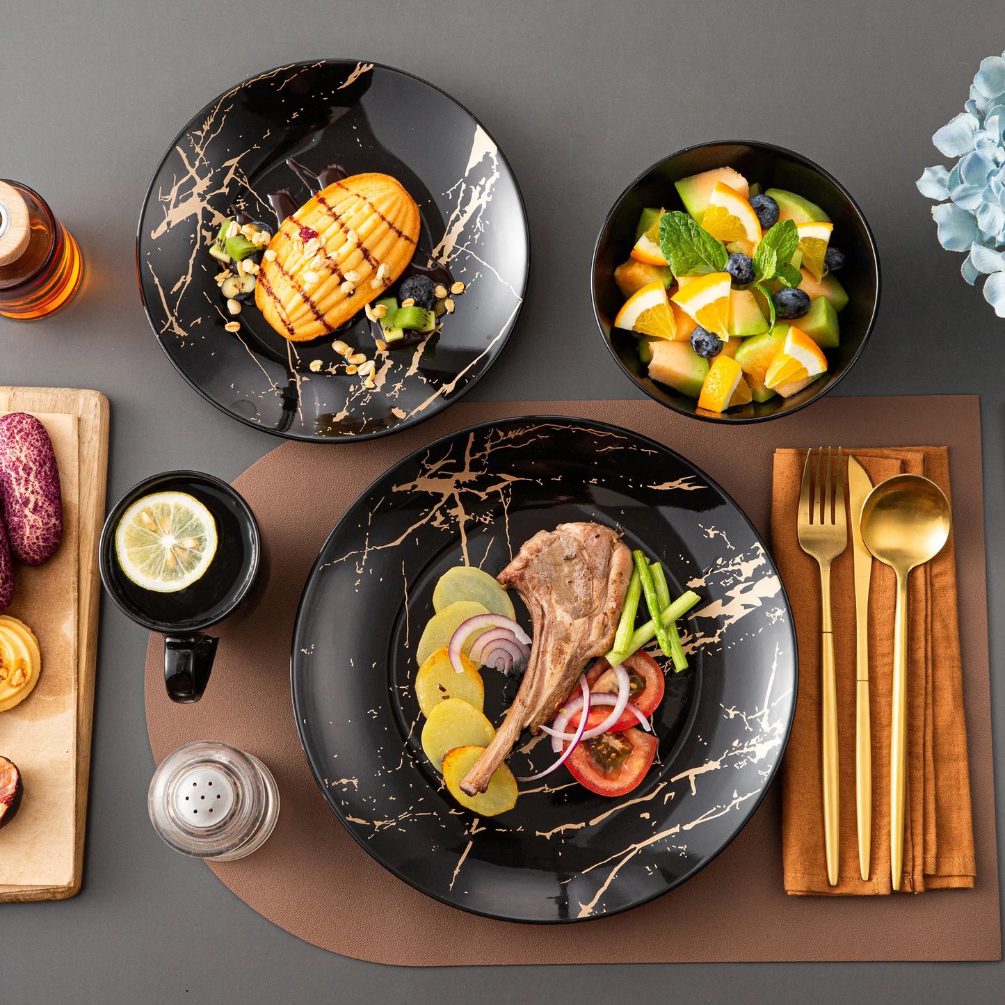 LOVECASA Black & Gold Porcelain Dinnerware Set