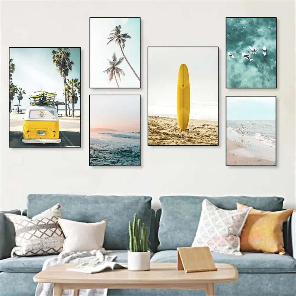 yellow travel car with surfboard by California ocean beach canvas wall art