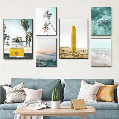 yellow travel car with surfboard by California ocean beach canvas wall art