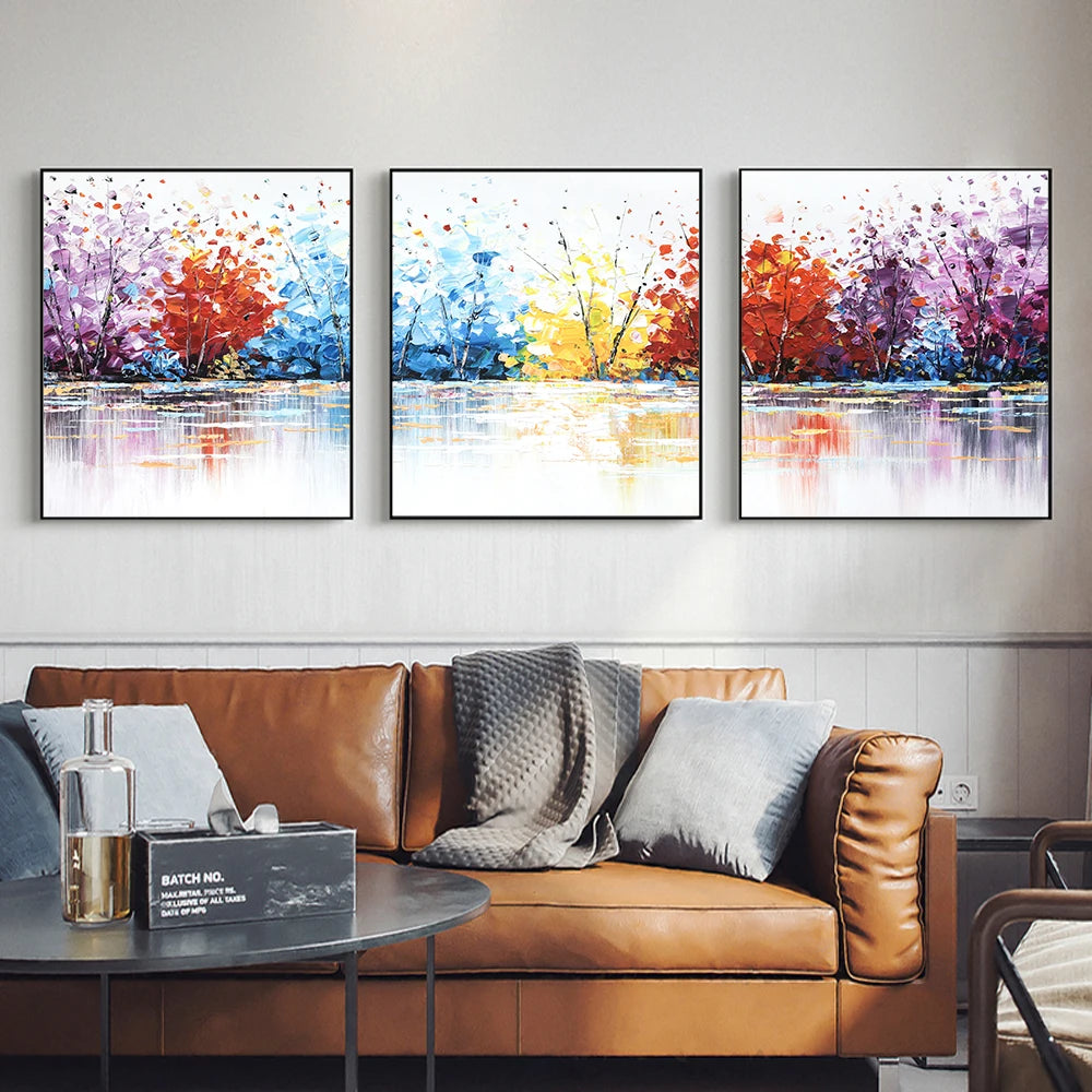 colorful abstract landscape three panel unframed canvas set