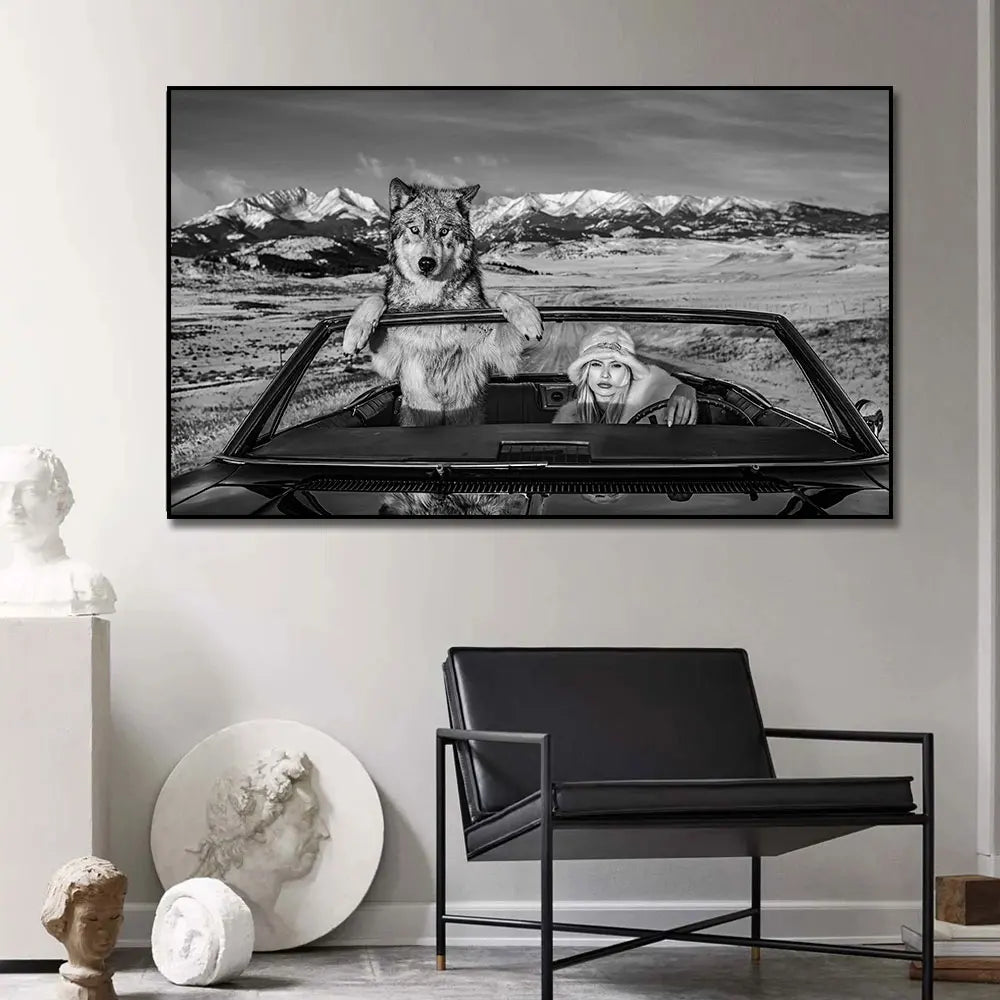 black and white wild wolves dramatic canvas wall art