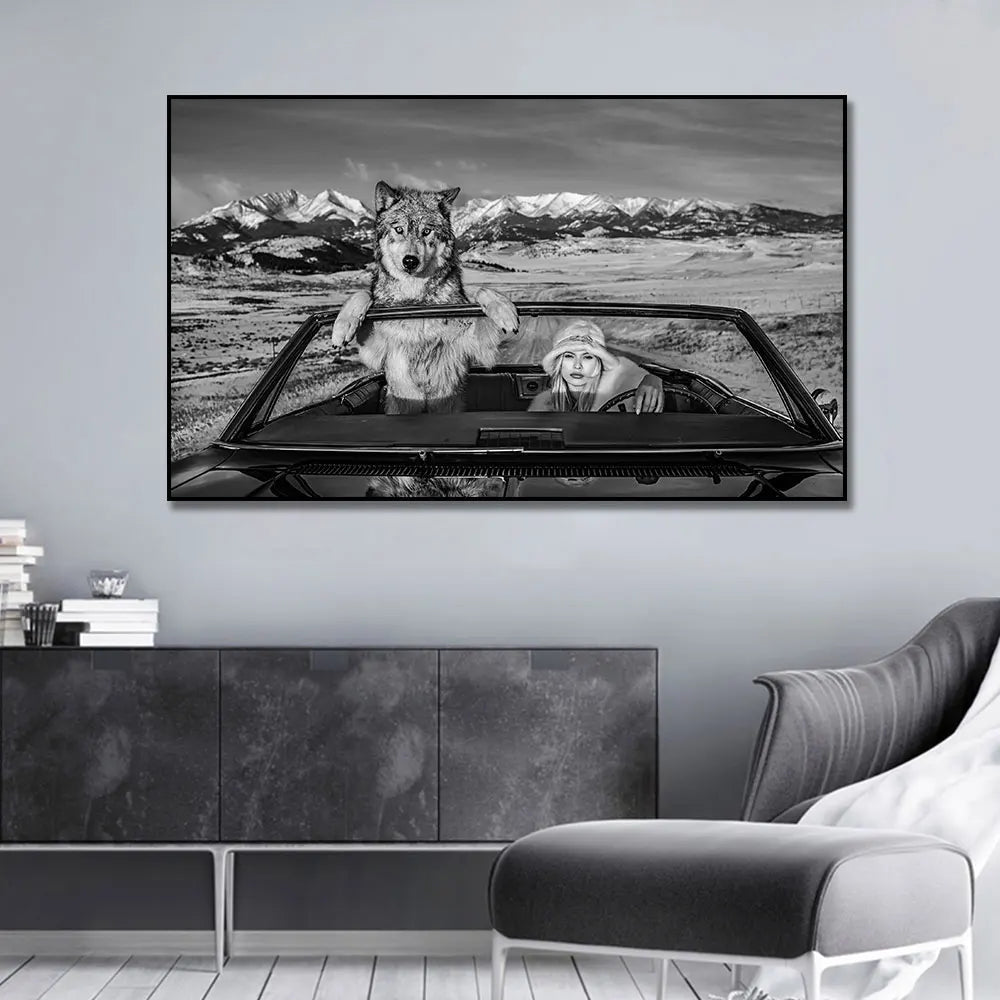 black and white wild wolves dramatic canvas wall art