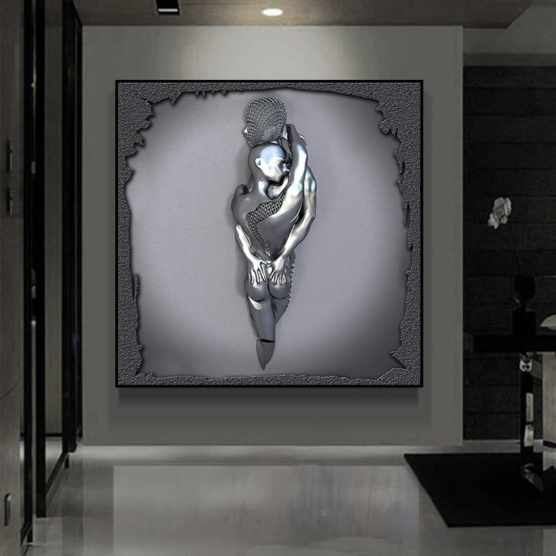 Modern 3D metal lovers sculpture motif canvas wall art