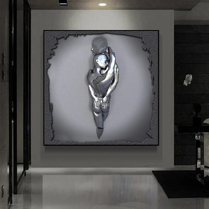 Modern 3D metal lovers sculpture motif canvas wall art