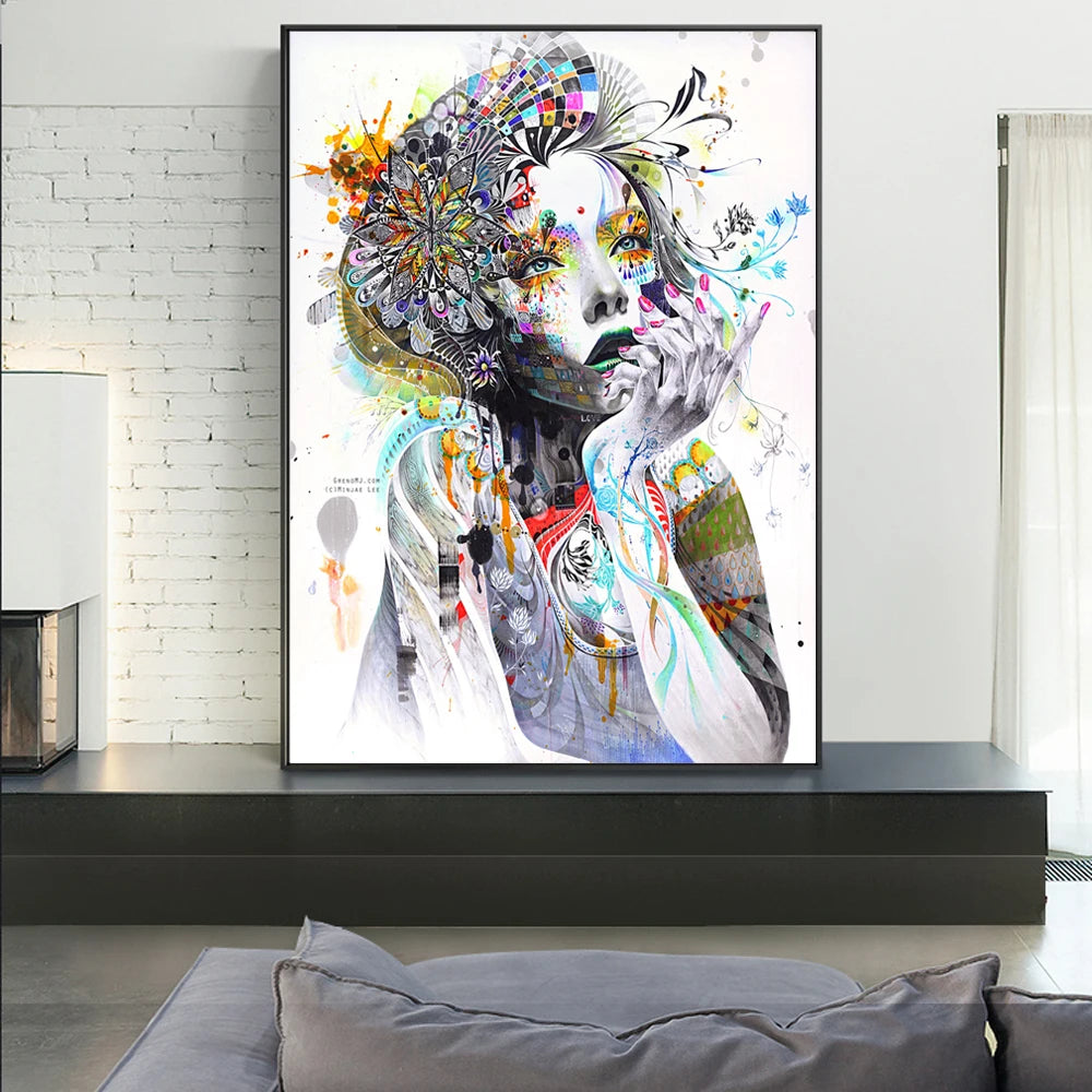 Abstract Girl with Flowers & Butterfly Canvas