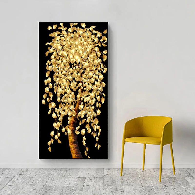 abstract flowering tree with golden leaves oil canvas wall art