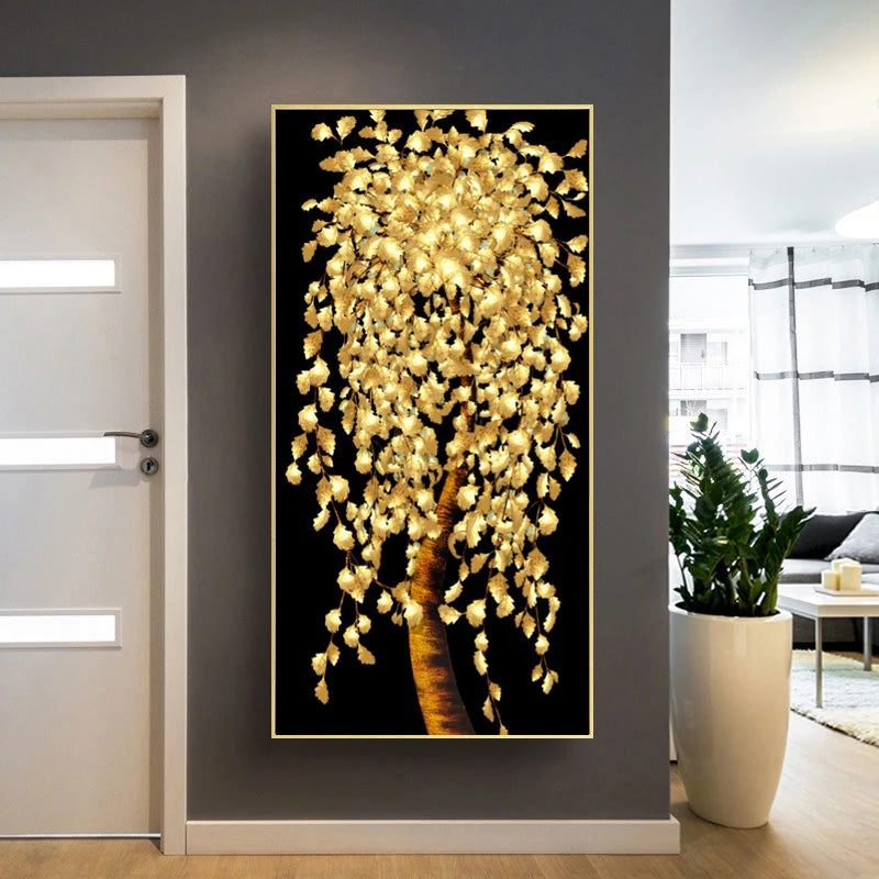 abstract flowering tree with golden leaves oil canvas wall art
