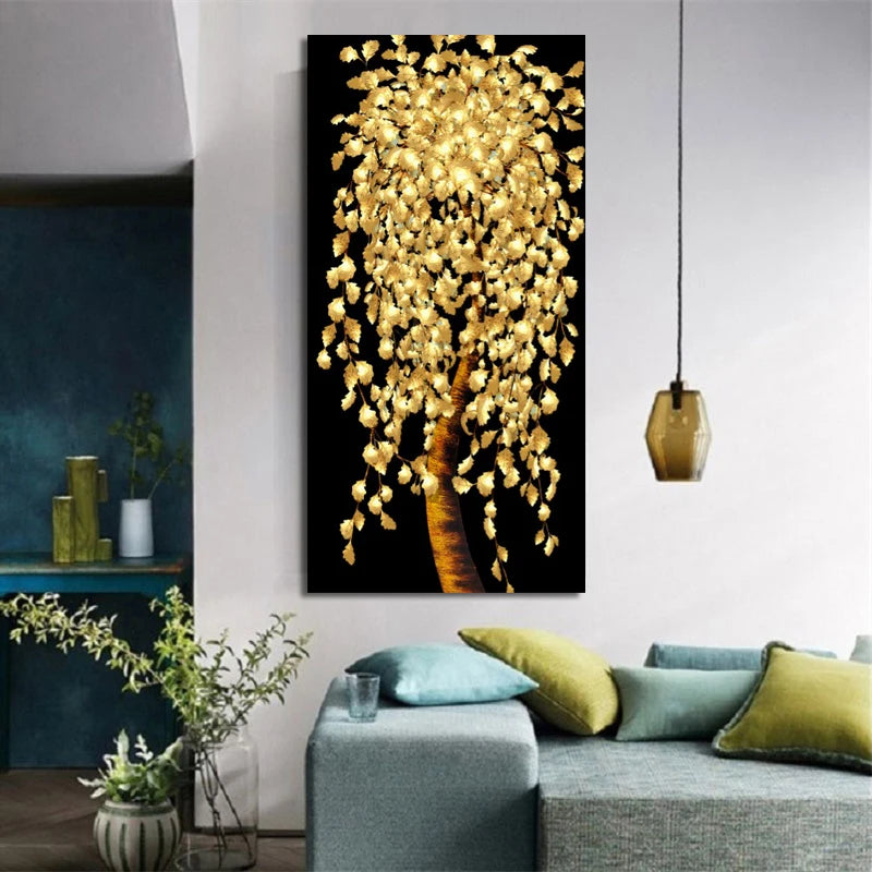 abstract flowering tree with golden leaves oil canvas wall art