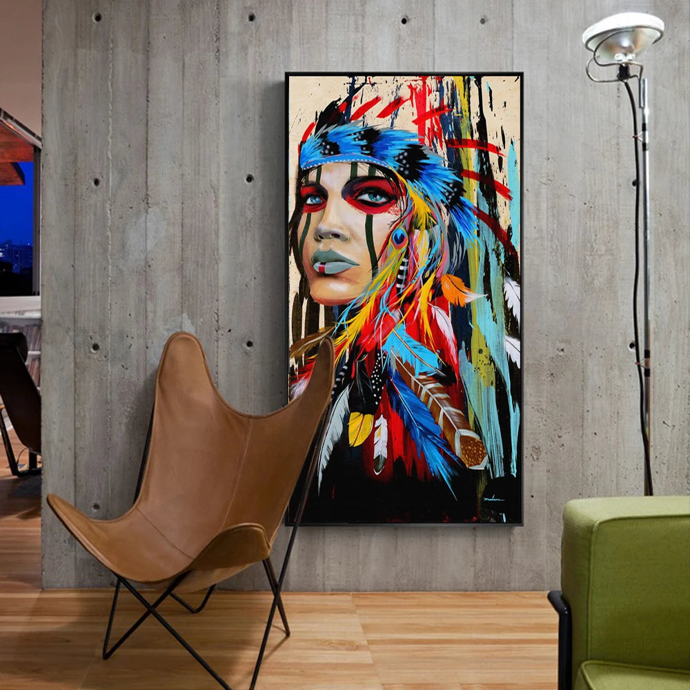 colorful pop-art portrait of woman with feather canvas wall art