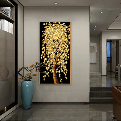 abstract flowering tree with golden leaves oil canvas wall art
