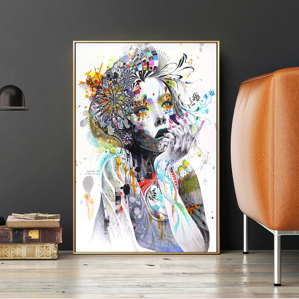 Abstract Girl with Flowers & Butterfly Canvas