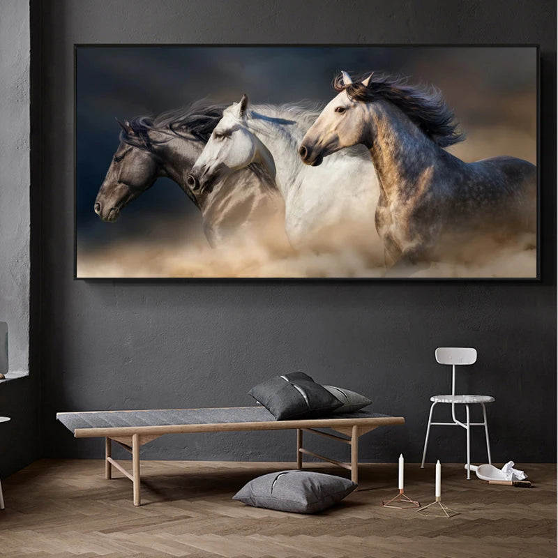 three running horses dynamic animal canvas wall art
