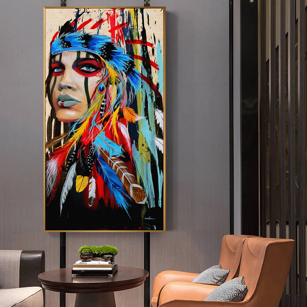 colorful pop-art portrait of woman with feather canvas wall art