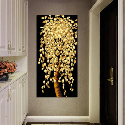 abstract flowering tree with golden leaves oil canvas wall art