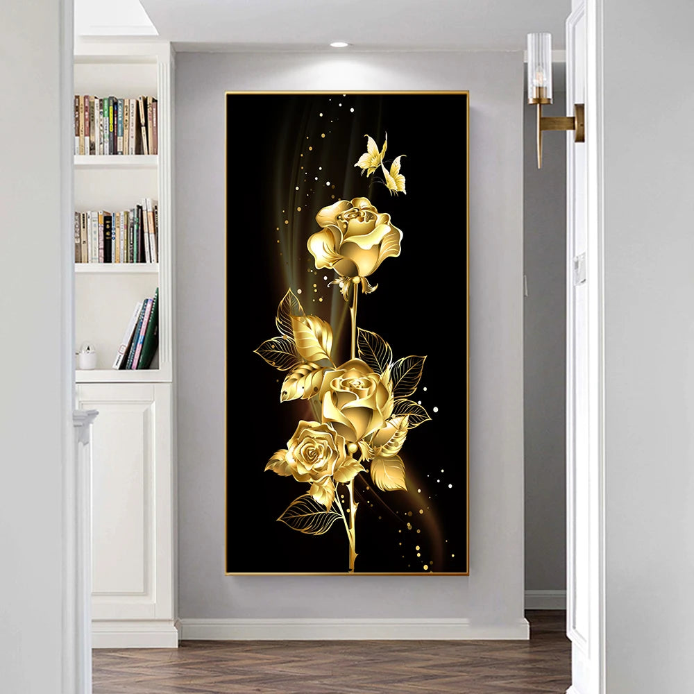 abstract flowering tree with golden leaves oil canvas wall art